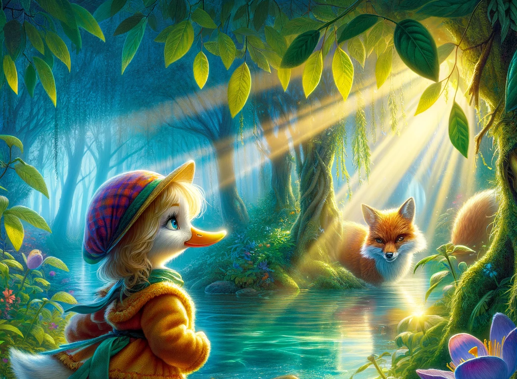 Lilywing-and-the-Melody-of-the-Forest.-The-image-should-depict-Lilywing-a-young-and-curious-duck