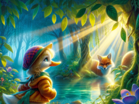 Lilywing-and-the-Melody-of-the-Forest.-The-image-should-depict-Lilywing-a-young-and-curious-duck