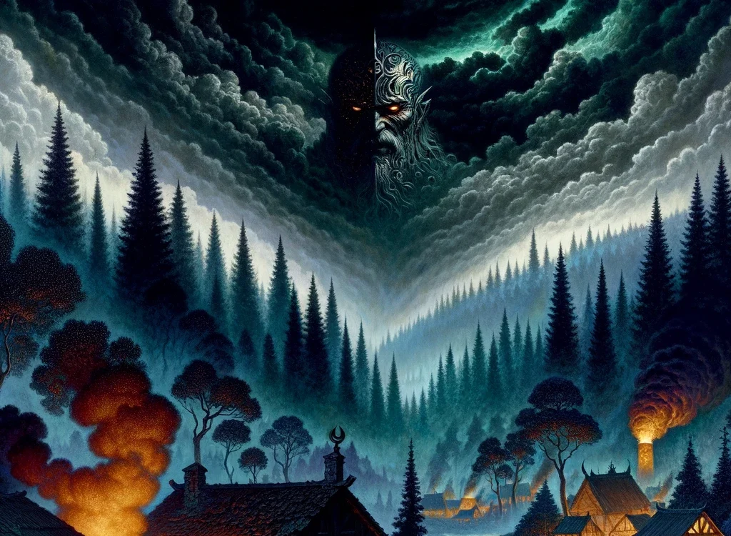 An imposing shadow stretches over the ancient forests of Eldritch, symbolizing the oppressive rule of the Emperor. Below, the River of Whispers, now a