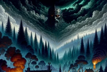 An imposing shadow stretches over the ancient forests of Eldritch, symbolizing the oppressive rule of the Emperor. Below, the River of Whispers, now a