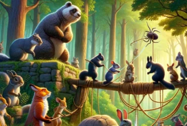 the-forest-around-the-ancient-well-bursts-with-activity-showcasing-a-united-front-of-various-animals-gathered-to-solve-the-wat-e